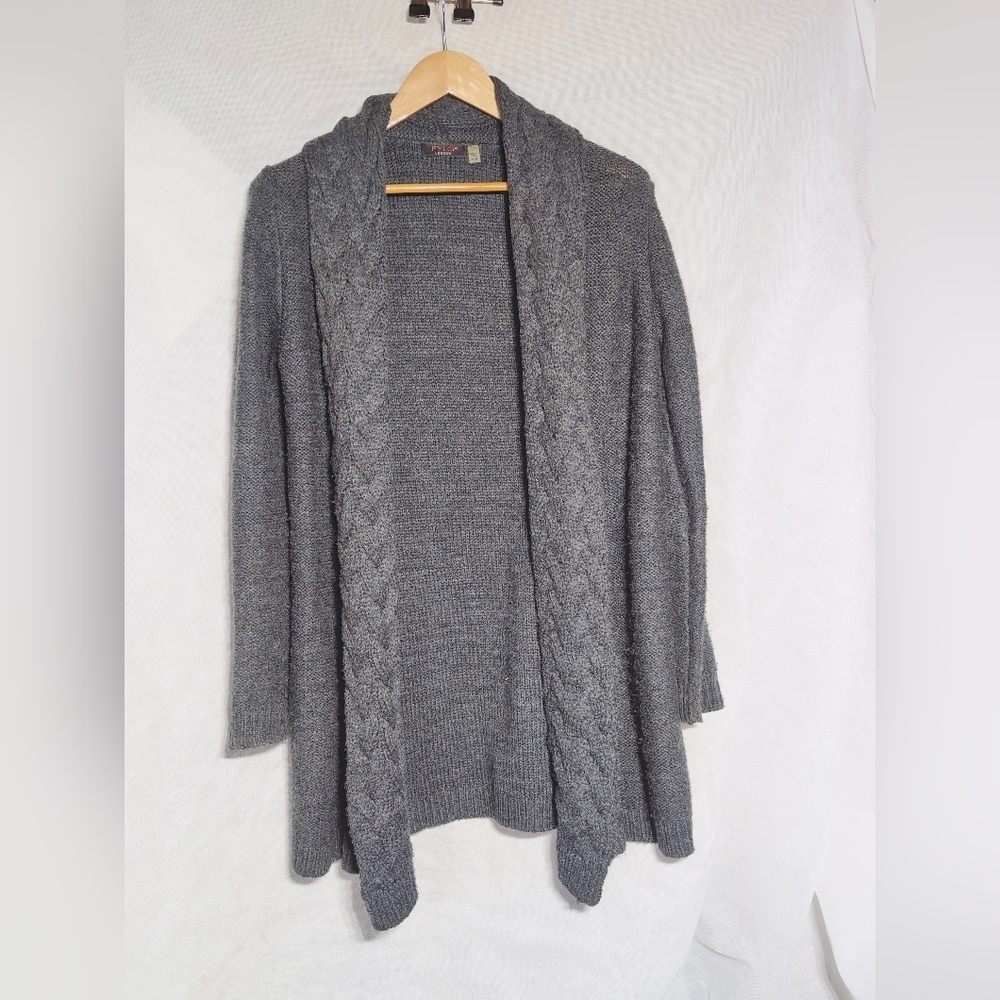 Fylo London Sz M Cozy Gray Open-Front Cable Trim Cardigan Sweater